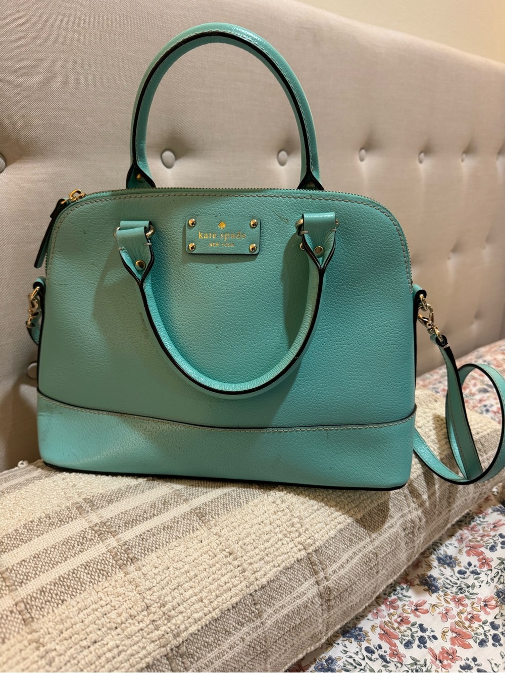 kate spade Seafoam Green Pebbled Leather Satchel with Gold Hardware